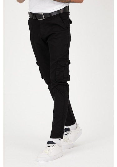 Siyah Renk Körüklü Paçası Lastiksiz Kargo Pantolon Siyah