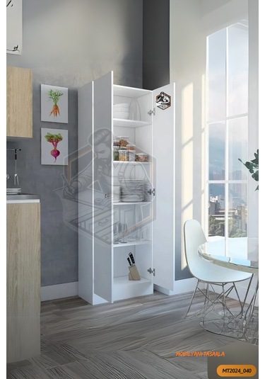 Tamamı Mdf 2 Kapaklı 5 Raflı Beyaz Boy Kiler Dolabı/erzak Dolabı