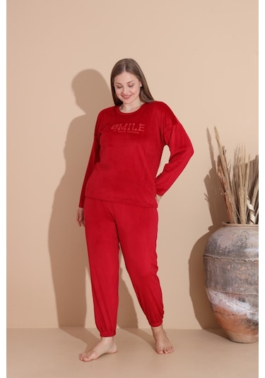 Boyraz Kadın Kışlık Fransız Kadife Büyük Beden Bisiklet Yaka Uzun Kol Pijama Takımı 03130 - 1 Adet Kırmızı
