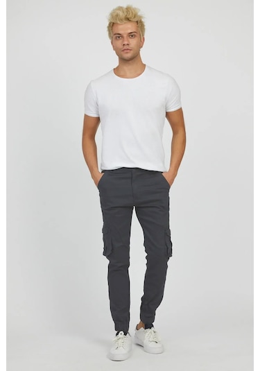 Erkek Kargo Jogger Pantolon Rahat Kesim Lastikli Paça Füme