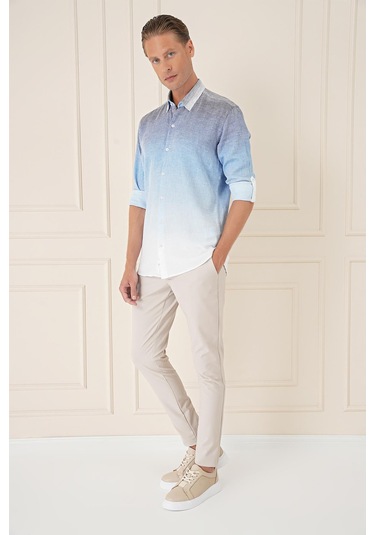 Comfort Fit Apoletli Degrade Desen Esnek Pamuk Mavi Gömlek G 1575 Mavi