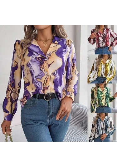 Ofis Kadın Rahat Moda Kontrast Renk Baskı Bluz Kadın Uzun Kollu Sonbahar Kış Zarif Çentikli Gömlek Elbise Tops 28621 Mavi