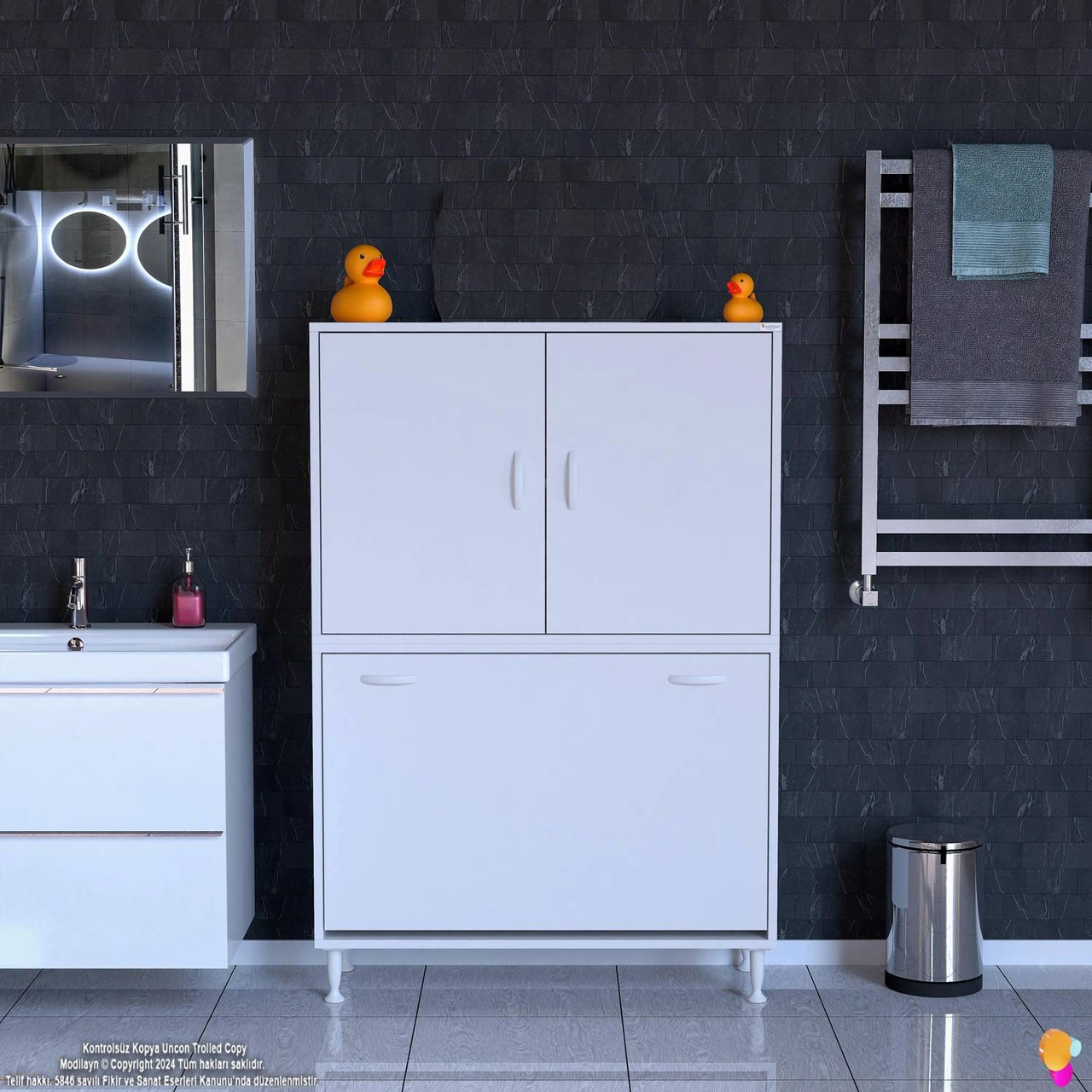 Esil Çok Amaçlı Dolap Kapak İçi Çift Raflı, Üç Akıllı Çamaşır Sepetli Dolap 90x138x32,5 Cm Beyaz