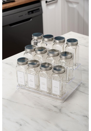 12'li Şeffaf Merdiven Standlı Cam Baharatlık Seti Kapaklı Beyaz Etiketli Baharatlık Takım Mh05slvr12 Beyaz - Şeffaf