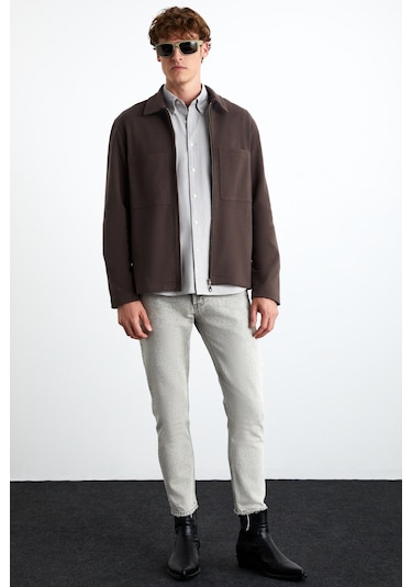 Calpe Erkek Skuba Interlok Kumaşlı Organik Pamuklu Fermuarlı Cepli Şık Gömlek Tipi Kahverengi Ceket