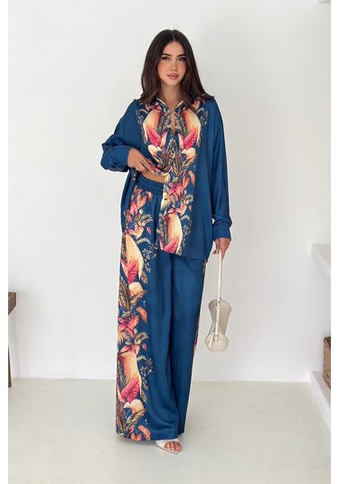 Saten Kumaş Desenli Takım Lacivert Lacivert