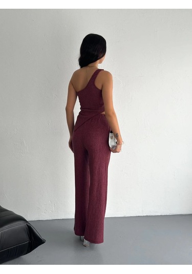 Asimetrik Crop Pantalon İkili Takım - Gül Kurusu Çok Renkli