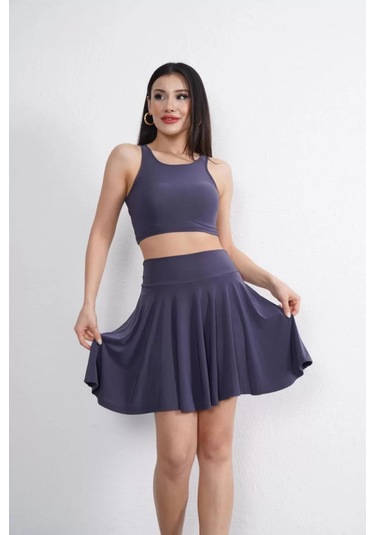 Sendy Kumaş Bisiklet Yaka Crop Şortlu Etek İkili Takım - Antrasit Antrasit