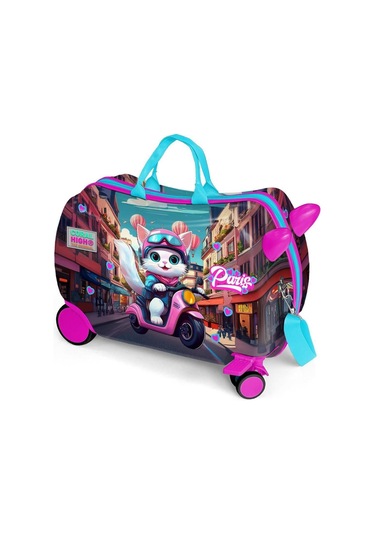 Coral High Otur-çek Kız Çocuk Valizi - Pembe Motorlu Kedi Çok Renkli