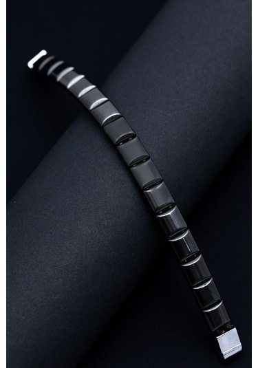 Erkek Bileklik - Doğal Hematit Taşlı Modern Tasarım Bileklik Siyah