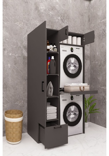 Mdf Çamaşır Makinesi Ve Kurutma Makinesi Dolabı Ütü Masalı Antrasit