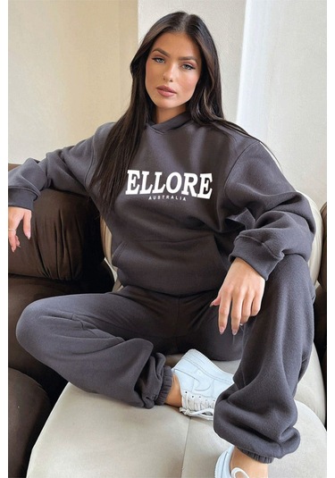 Ellore Australia Eşofman Takımı Sweatshirt Jogger - Füme Baskılı Oversize Şardonlu Kapüşonlu Füme