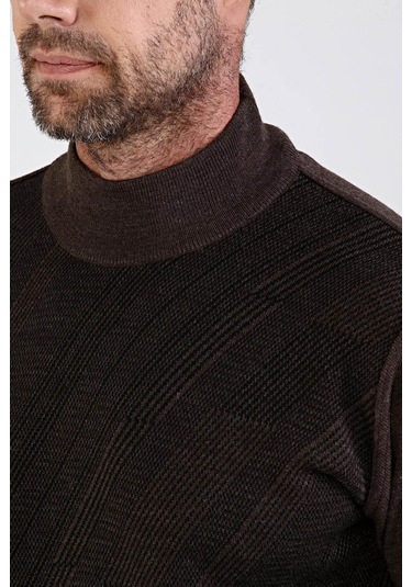 Çizgi Triko Erkek Çelik Örgü Yarım Balıkçı Triko Kazak 4609B Kahv Kahverengi