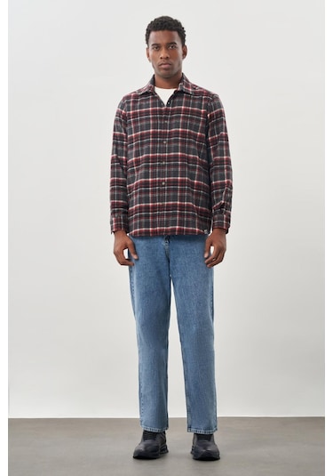 Vişne Yünlü Ekose Desen Yumuşak Yaka Cepsiz Uzun Kol Casual Comfort Fit Gömlek 1004245227 Vişne