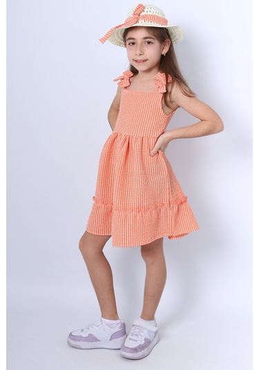Kız Çocuk Şapkalı Elbise Kareli Fiyonklu B33 Turuncu