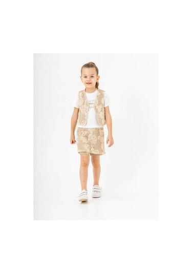 Kız Çocuk Keten Üçlü Şort Etekli Yelekli Takım-15888 Bej