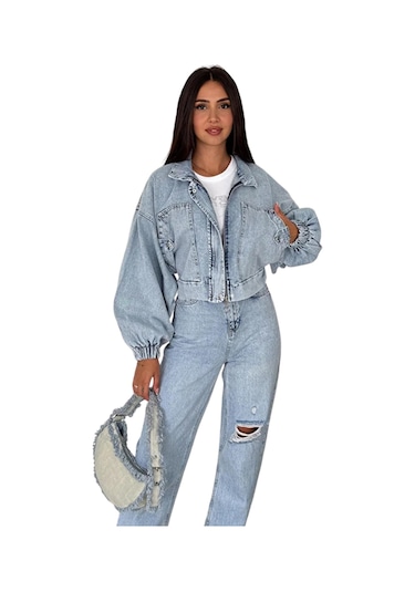 Kadın Açık Mavi Kısa Denim Ceket Elastik Manşetli Crop Model Mavi