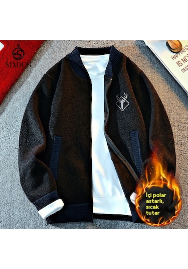 Erkek Fermuarlı Örme Polar Hırka Kazak Siyah