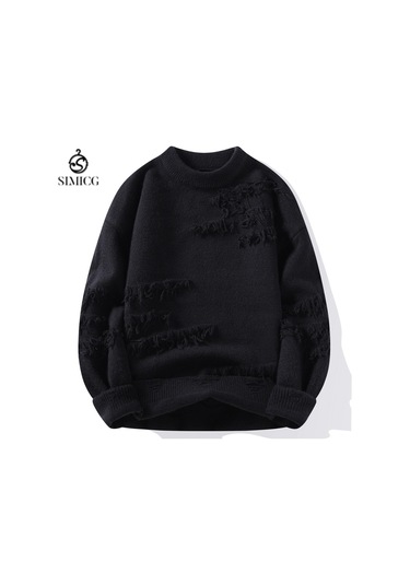 Erkek Sonbahar Ve Kış Düz Renk Kalın Yuvarlak Yaka Kazak Siyah