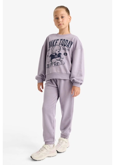 Defacto Kız Çocuk 2li Takım Baskılı Sweatshirt Eşofman Altı E6416a825aupr314 Mor