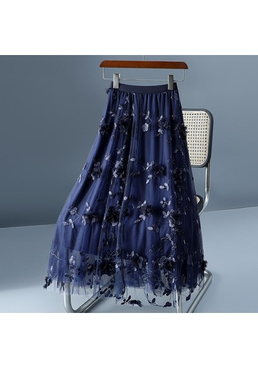 Lüks Kadın Etekler Kore Tarzı Moda Elastik Bel Aplikler Nakış Çiçek Örgü Etek Uzun Gazlı Bez Balo Etek Lacivert