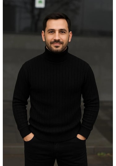 Erkek Fitilli Triko Kazak 3lü Set Bej Haki Siyah Regular Balıkcı Yaka Tam Boğazlı Triko Seti Modeli Kazak Çok Renkli