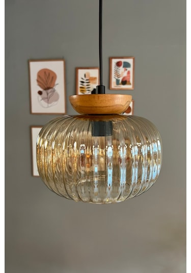 Mola Cam Bal Rengi Tekli Avize Tabak Ahşap Başlık Retro Sarkıt Lamba Restoran Salon Aydınlatma Bal