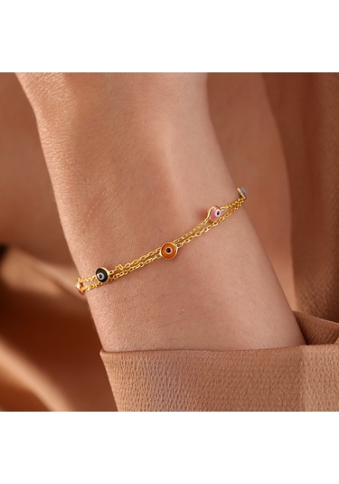 925 Ayar Gümüş 2 Sıra Zincirli Karışık Renk Göz Bileklik Altın