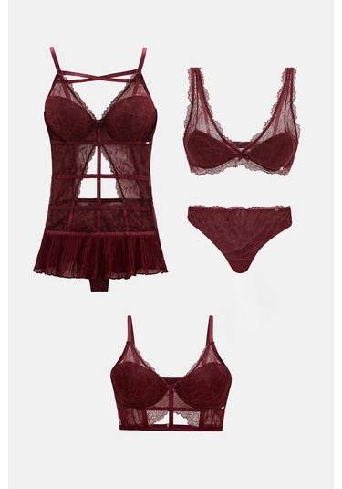 Roma Bordo 4'lü Dantelli Sütyen, Babydoll, Külot Çeyiz Seti Bordo