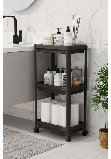 3 Katlı Banyo Raf Ünitesi Banyo Düzenleyici Şampuanlık Havluluk Dolap Siyah Siyah