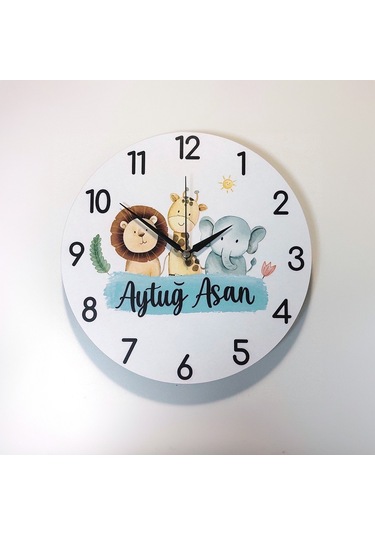 Cajuart İsme Özel Sevimli Hayvan Figürlü Çocuk Odası Duvar Saati Beyaz