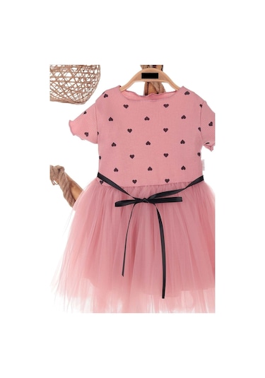 Kalp Baskılı 2-7 Yaş Arası Gül Kurusu Kız Çocuk Tüllü Elbise Doğum Günü Özel Gün Ve Geceler İçin Gül Kurusu Gülkurusu