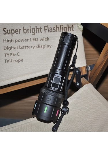 Xuweiwei Siyah Zarif Hediye Kutusu Seti 1 Adet Ultra Parlak 1200 Lümen Şarj Edilebilir Led El Feneri Alüminyum Alaşım 5 Mod Taktiksel Işık Type-c Şarj Acil Durum Kamp Hediye Siyah
