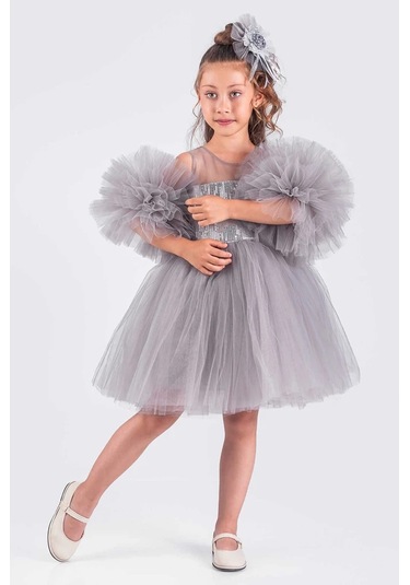 Kız Çocuk Abiye Elbise Ponpon Kol Pul Payetli Tütülü Gri