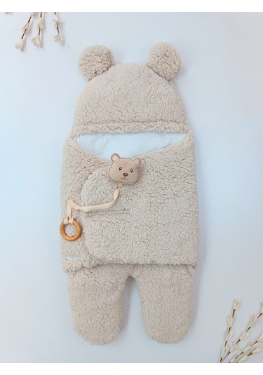 Bebek Dış Kundak Battaniyesi Pelüş Ayaklı Welsoft Uyku Tulumu Kışlık Mont Yenidoğan 0-12 Ay Bej