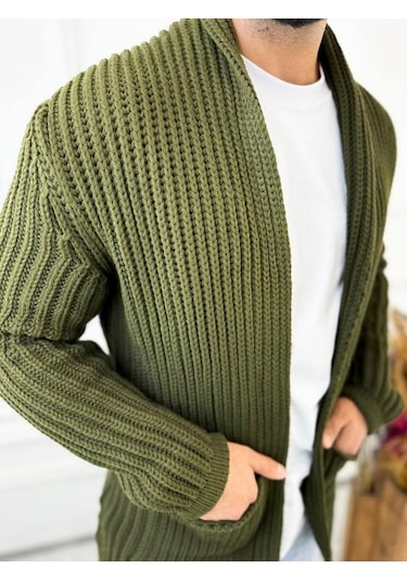Elku Moda Hırka Kalın Örgü Şal Yaka Cepli Panço Triko Hırka Yeşil