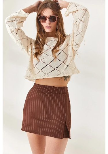 Alisse Kadın Kahverengi Çizgili Likralı Mini Yırtmaçlı Şort Etek Kahvrengi Çizgili Kahverengi