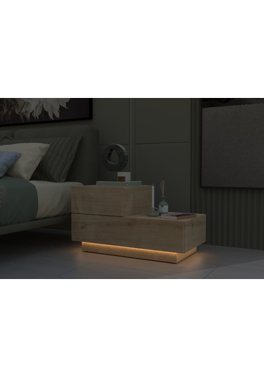 Kayra Kmd002 Led Işıklı Komodin 2 Çekmeceli Modern Tasarım Safir Meşe