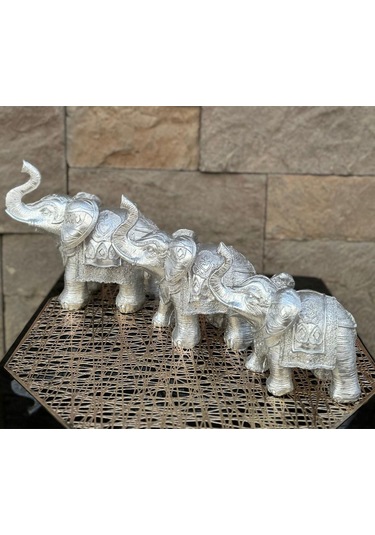 Dekoratif Polyester Üçlü Fil Biblo Gümüş
