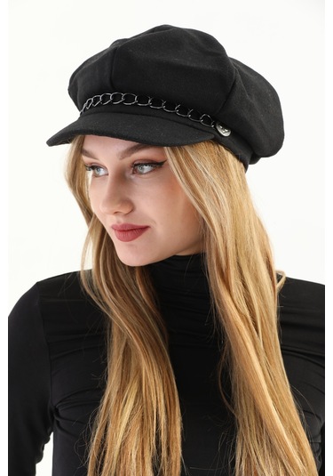 Kadın Siyah Zincirli Kaşe Ressam Şapka Siyah