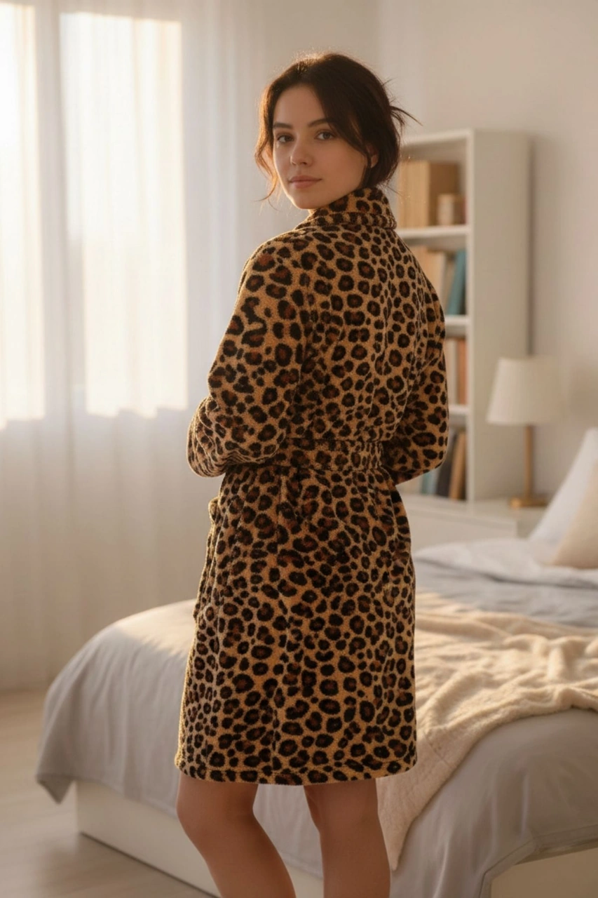 Lumor Şal Yaka Wellsoft Peluş Yumuşak Sabahlık Leopar Leopar