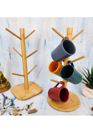 Ahşap Bambu Bardak Kupa Fincan Askılığı Askısı 6 Askılı 2 Adet