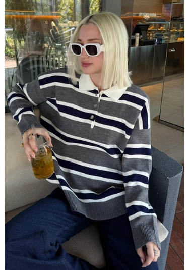 Madmext Antrasit Çizgili Düğmeli Polo Yaka Kadın Triko Kazak Mg2280 Antrasit