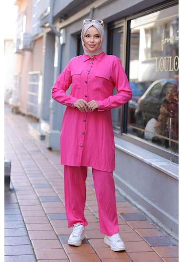 Cep Detaylı Tesettür Fuşya Takım Fuşya