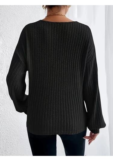 Kadın Uzun Kollu V Yakalı Salaş Şardonlu Kaşkorse Bluz Siyah