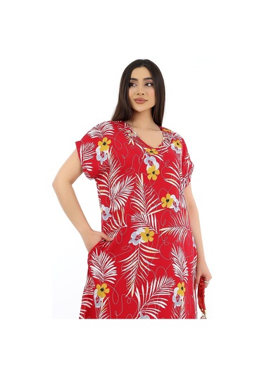 Schık Kadın Viskon Yarım Kol V Yaka Halkalı Cepli Elbise Kırmızı Kırmızı