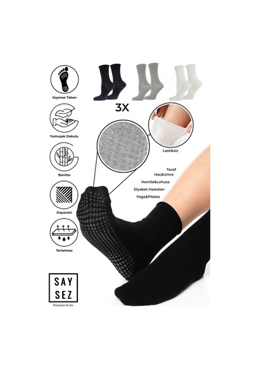 Bambu Kaydırmaz Taban Silikon Baskı Hac Umre Tavaf Hamile Diyabet Pilates Yoga Lastiksiz Çorap 3'lü Renkli
