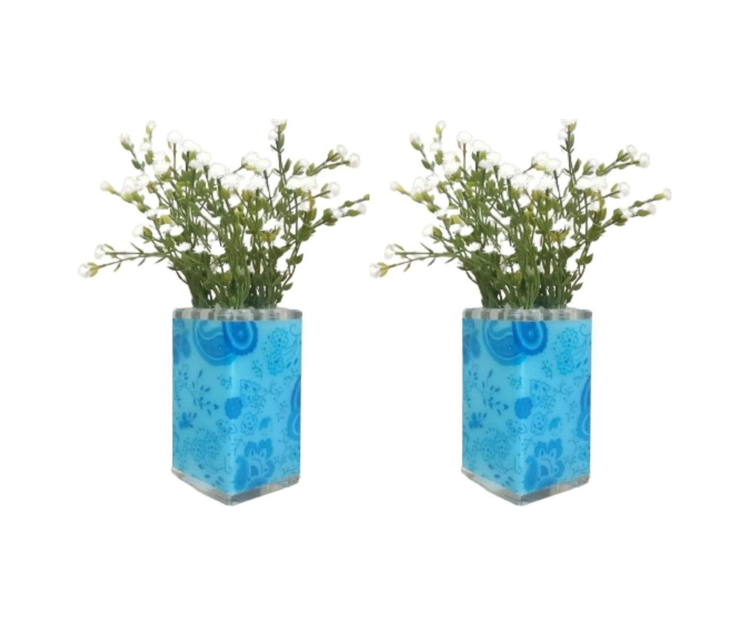 2 Adet Vazo Dahil,vazoda Çiçek,beyaz Yapay Çiçek,vazo Dekoratif Mavi 7x7x17cm Çok Renkli