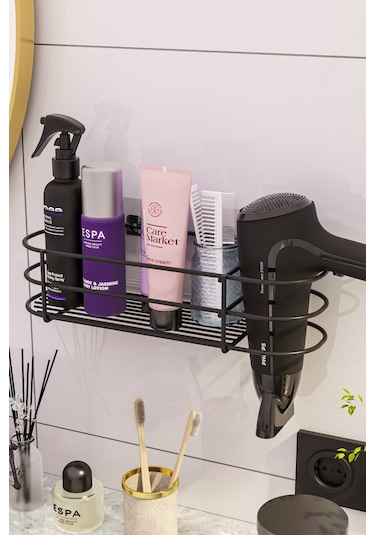 Bino Yapışkanlı Saç Kurutma Makinesi Banyo Düzenleyici Organizer Raf Siyah