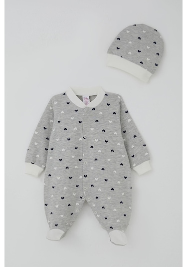 Breeze Kız Bebek Patikli Tulum Kalp Desenli 0-6 Ay, Açık Gri Melanj